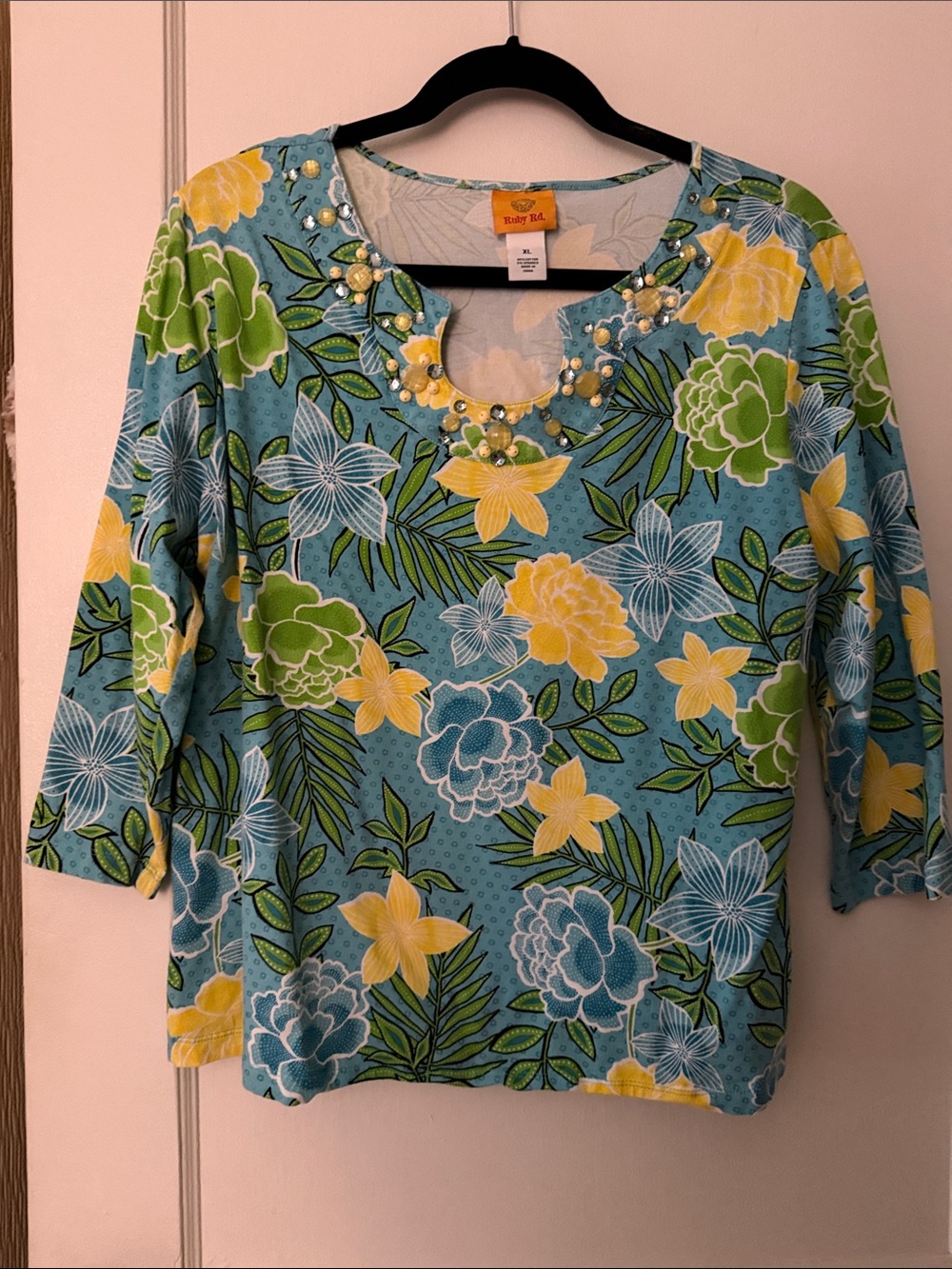 Ruby Rd. Aqua Floral Long-Sleeve Scoop Neck Top with Bead Accents